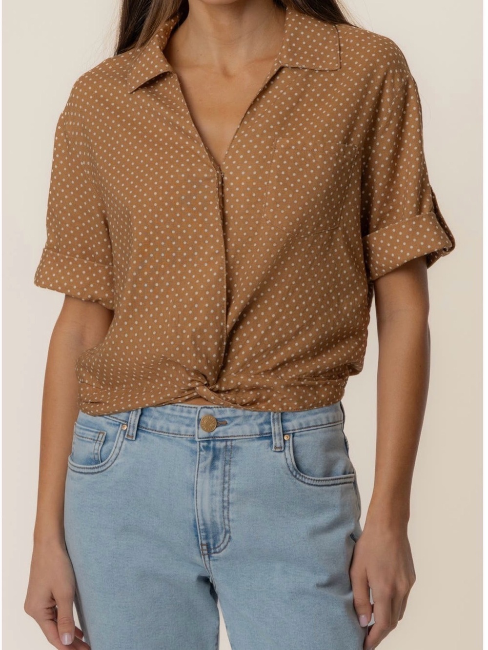 Women’s knot front Top in Brown with Polka Dot